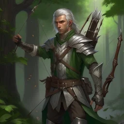 Please create an image for a young elven male with light brown skin, silver hair, and green eyes. He is standing outside in the forest during springtime, wearing leather armor and wielding a large crossbow. He is accompanied by a small mechanical bird and a walking suit of armor