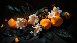 orange fruits and white neroli flowers,dark backround,12K