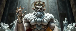 king ogre brilliant detailed full figure portrait disco glittery slug alien fluffy muscle man dino anime in the style of Escher and Giger in front of dented marble tower of transparent glass dove statues