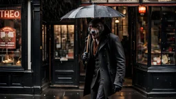 Werewolf with a Chinese menu in his hand, walking through the streets of Soho in the rain. Photograph.