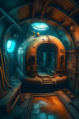a look from the inside of a whimsical peculiar odd leaky rusty submarine, hyper realism, photo realism, realistic lighting, realistic color grading