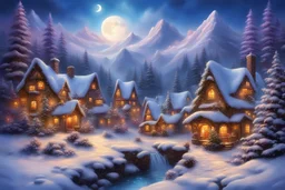 charming fairy tale village, snow-covered decorated Christmas trees, warm inviting cabin, ultra sharp digital oil painting, snowflakes, mountains with waterfall, soft light far-away full moon, glitter, stars, stardust, hyper realistic, well rendered, detailed, vibrant, electric blue and purple sky in style of Thomas Kinkade