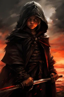 A formidable warrior-a 10-year-old boy in a black robe with a hood, on the background Amazing gloomy landscape, flooded with sunset, mountains, trees, fabulous scary hero, , juicy emotions, painting, dark fantasy, bad weather, gloomy day, dark world, by Raymond Swanland & Anna Razumovskaya