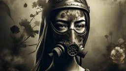 Retrato pictórico de mujer con rasgos latinos intensos, rostro de metal oxidado con remaches, lleva máscara de gas decorada con flores, estilo minimalismo japonés con toque surrealista, fondo de fondo de selva con niebla matutina