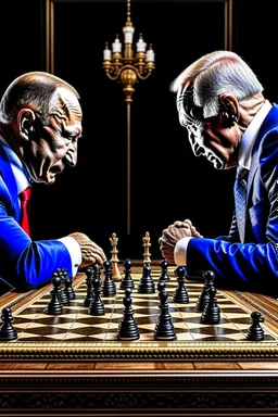 Vladimir Poutine playing chess against Joe Biden in hell, with The devil as referee