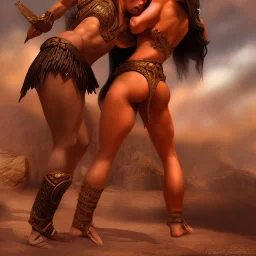 women gladiators fighting in arena, minimal attire, muscular, hard bodies, photo realistic, hyperdetailed, tan skin, full body view, mythical, intricate, elaborate, by boris vallejo, digital art, visual clarity, 8k --v 4