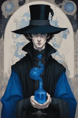 black hair, blue eyes,19year old, male, wearing black robes, alchemist, holding a flask full of blue liquid,wearing crumpled black pointed hat, in the style of Harry Clarke