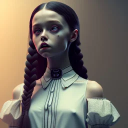 Full body, 3d render,Jenna Ortega, Wednesday addams 1800's women style, 1800's hair style, 1800's women clothes style, hyper realistic, octane render, unreal engine 5, 8k, palace background, uhd