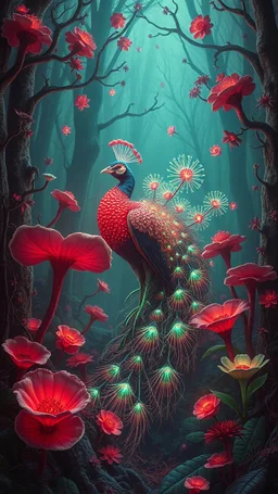 Quintessential Horror Surrealism:A cyber-a peacock catastrophic dimensional fission through Seedream 3D recursive rendering, fracturing into chaos Legion Doodle simultaneous nightmare realities while simultaneously occupying four perforated reality levels—manifests as a blood-drenched forest where flowers weep crimson sap and bioluminescent fungi pulse with recursive Fibonacci patterns, surrounded by carnivorous flowers with fanged mouths dripping neon venom; mat