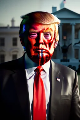 Ultra realistic image, Donald trump zombie, zombie performance, suit, skull, blood, torn arm, night, walking twisted, waist up view, thriller style, dark ambient, highly detailed, White House background, concept art, unreal engine 5, ray tracing, RTX, ultra detail, volumetric lighting, high definition, high resolution.