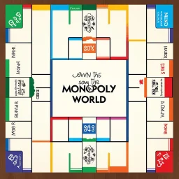 create a custom monopoly style board GAME with: 1 row of EQUAL SIDES 12 blank SQUARE EACH SIDE WITH A BIG SQUARE IN THE MIDDLE. MAKE THE WRITING IN THE MIDDLE SAY OWN THE WORLD ,