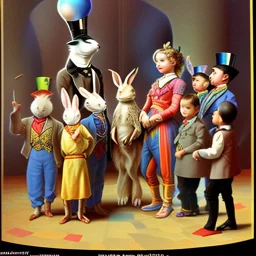 A magician stands in front of a group of children who sit in front of him on a mat on the floor and pulls out a rabbit from a top hat, the children look open-mouthed and wide-eyed and clap their hands, in the background a parrot stands on a pole and observes what is happening