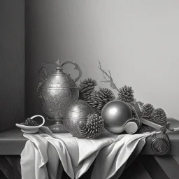 a realistic still life graphite drawing of pine cones in the classical style of Pieter Claesz, Jan Jansz. van de Velde and Anthonie Leemans