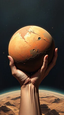 Bosch style painting , 3D hand holding planet Mars