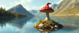airbrush rendering, mushroom gnome on small island in lake, pinhole cam