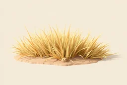 Isolated concept art of stylized alien dry grass on a plain neutral background. Simple low-poly design with minimal details, suitable for 3D modeling. The grass should look slightly alien — with unusual blade shapes, subtle color variations, and dry, brittle texture. Colors range from dusty yellow, ochre, muted green, and pale orange, blending naturally with desert or rocky terrain. No background, no shadows, clear separation of each grass clump, consistent lighting. Digital painting style