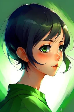 best quality, 1girl, anime, short hair, black hair, green eyes, character profile