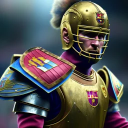 lionel Messi dress warrior armor, in stadium, highly realistic, highly detailed, 8k, intricate