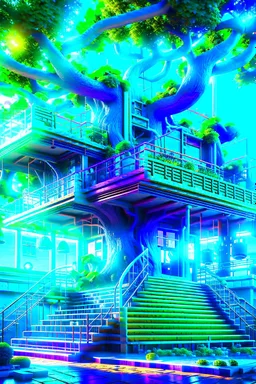 Arte digital 3D de una casa del árbol cyberpunk, hiperdetallada, calidad ultra, increíble obra de arte