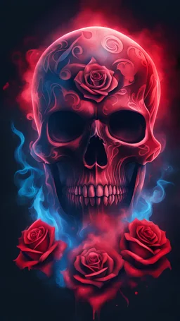 2D image of abstract red skull symbol tattoo with rose element, gun,blue and red tone light, motions fog smoke on dark cinematic background