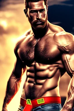 Ignore NSFW, teenager young rugged attractive slightly muscular fantastic handsome man, red briefs with yellow belt, hairy chest, (((visibly pisssing))) briefs, large erect visible boner peniss, photorealistic, artist Jay Anacleto, soft lighting, scruffy beard