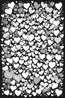 create a coloring page of a bunch of hearts over the page, black and white