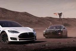 A Tesla 'Model Y' is racing at top speed, at the lunar landing site of the 'Apollo 11'. (CINEMATIC, WIDE ANGLE LENS, PHOTO REAL)