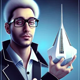 mad scientist with thick glasses, white cell tower in background, paranoia character