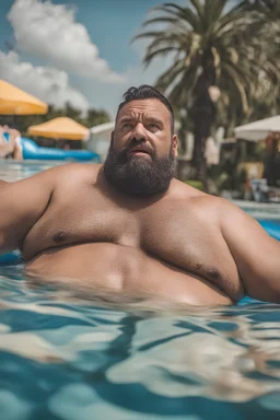 close up photography of an ugly 43 year old stocky big robust burly marocan giant, wearing shorts, shirtless, relaxing in the pool over an inflatable mattress, wet, ajar mouth, hairy chest, serious, very virile, short beard, shaved hair,, , in a sunny street, photorealistic , top aerial view