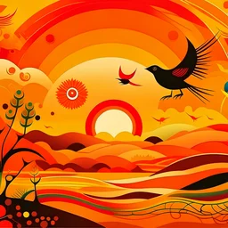 amanecer en los esteros del ibera con un sol imponente color naranja, pájaros volando de fondo mas flora y fauna autoctona al estilo Wassily Kandinsky