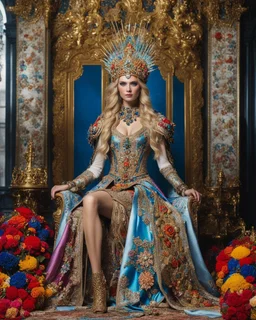 📷👸 full length image a distance dystopian angle fullbody a beautiful European blond girl pretty super model adorned with an elaborate and colorful headpiece made of flowers and jewels, wearing a vibrant and detailed victory outfit that includes intricate patterns and sparkling embellishments. The attire should reflect a rich russia empire, with attention to the fine jewelry that complements the ensemble.sitting the throne queen in room luxurious royal palace background