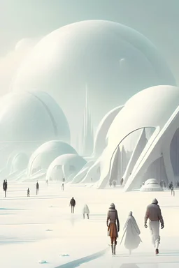 A city with transparent domes in a very wide and white futuristic landscape with people walking around