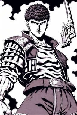 Guts from Berserk holds a revolver gun to his head.