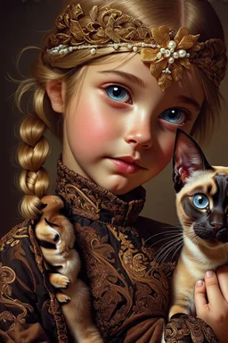 young girl with blonde braided hair and ornate headband, adorned with golden and pearl detailing, closely interacts with a Oriental shorthair Siamese chocolate point cat with vivid blue eyes. The style is hyperrealistic and impressionistic, with a focus on rich color palettes and detailed textures. Golds, browns, and blacks dominate the scene, creating a warm and mystical atmosphere. The girl's dress has intricate, decorative details, almost like a rich embroidered or embellished garment, with r