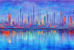 Science fiction city near frozen lake, impressionism painting