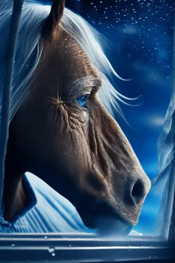 grandpa horse portrait with background star field seen in the window of a boat, 4 k, trending art, depth of field