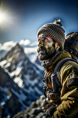 portrait of mountain climber in the Alps on mountain top, with rock giant creature in the background,shot on Hasselblad h6d-400c, zeiss prime lens, bokeh like f/0.8, tilt-shift lens 8k, high detail, smooth render, down-light, unreal engine, prize winning