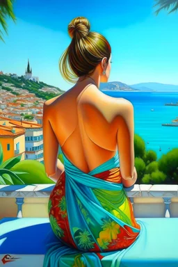 Neoclassicism woman in bikini from the back sitting realistic cote d'azur painting colorfull