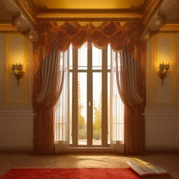 house arabic marbre wihte floor with golding details ,big window , fontains , bougainvillea red , Library ، Silk curtains ، Silk curtains ، morning light ، Decorative oil burners ، 4k , realistic , cinematic , morning light ، reflection