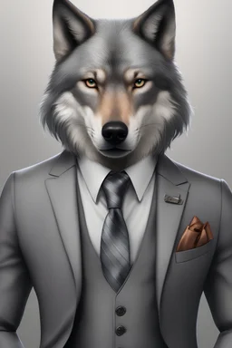Anthropomorphic wolf in a grey suit and hyper-realistic 8K tie