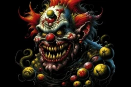 High_Quality_Art Digital Painting of Science experiment Horror Clown Monster abomination creature by Richard Corben, Todd Schorr, T-Shirt Design, Black Background,