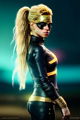 portrait, Shakira, blonde, angry, Realistic image, superhero, watchmen style, make-up, gold make-up, sweat, fog, goddess style, Neon colors, leds. Black background, photo studio, concept art, smooth, unreal engine 5, god lights, ray tracing, RTX, lumen lighting, ultra detail, volumetric lighting, 3d, finely drawn, high definition, 4k.