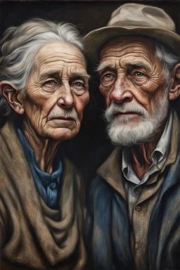 Color Portrait of an old Appalachian farmer couple early 1900s, beautiful painting with highly detailed face by greg rutkowski, Lee Jeffries, magali villanueve Modifiers: extremely detailed oil on canvas photorealistic