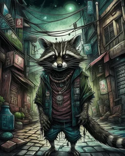 highly detailed concept illustration of an alternate reality ancient China racoon wanderer in dark street, maximalist, highest resolution, in the styles of Alex Pardee, Denis Forkas, and Masahiro Ito, boldly inked, 8k, coarse, gritty textures