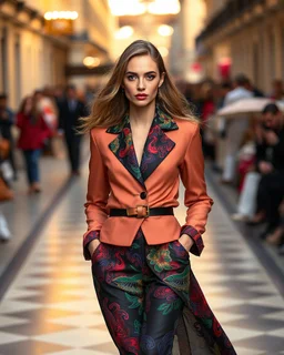 full length image gorgeous realistic professionals photography supermodel fashion magazine European beautiful woman,dressing luxurious clothing lady roaster colorful art conceptual, amazing artwork, hyper detailed, ultra maximalist quality, 8k, in catwalk fashion show luxurious