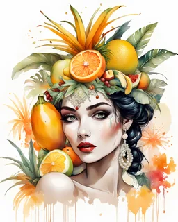 create an ethereal, illustration of a divine female with soft facial features and a seductive look on a plain white background surrounding her, in the style of Ralph Steadman, with a headpiece of tropical fruits, bananas, pineapples, citrus, cream, orange,painted in a faded colors,