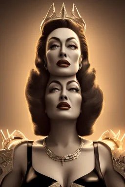 Joan Crawford as evil queen in black leather, busty, cleavage, dominatrix, curvy, angry, stern look. unreal 5, octane render, cinema4d, dynamic lighting, dramatic lighting, 4k, redshift render, highly detailed, hyper realistic,anthropomorphic