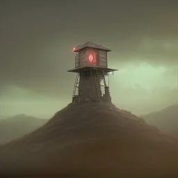 franz frazetta style, watchtower on hill, amon hen, dusk, storm in the distance