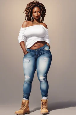 Create a watercolor image of a curvy black female wearing tight cut up jeans and a off the shoulder white tshirt with timberland boots. Prominent make up with hazel eyes. Highly detail dread locs