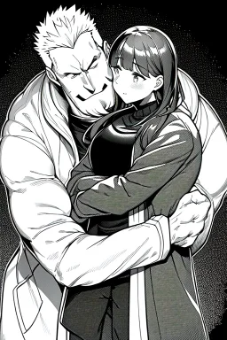 man in raincoat hugs girl, line arts, greyscale